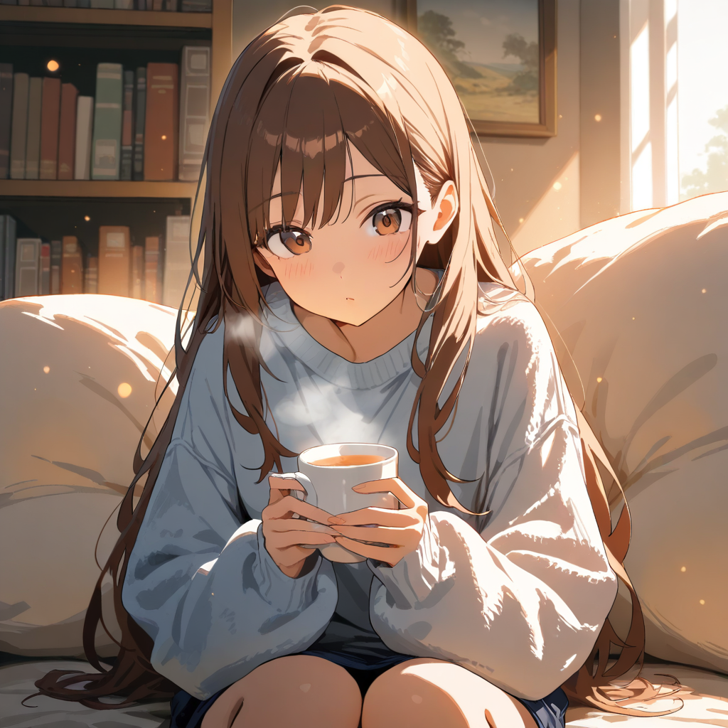 Anime girl relaxing in a cozy room holding a cup of tea under warm lighting