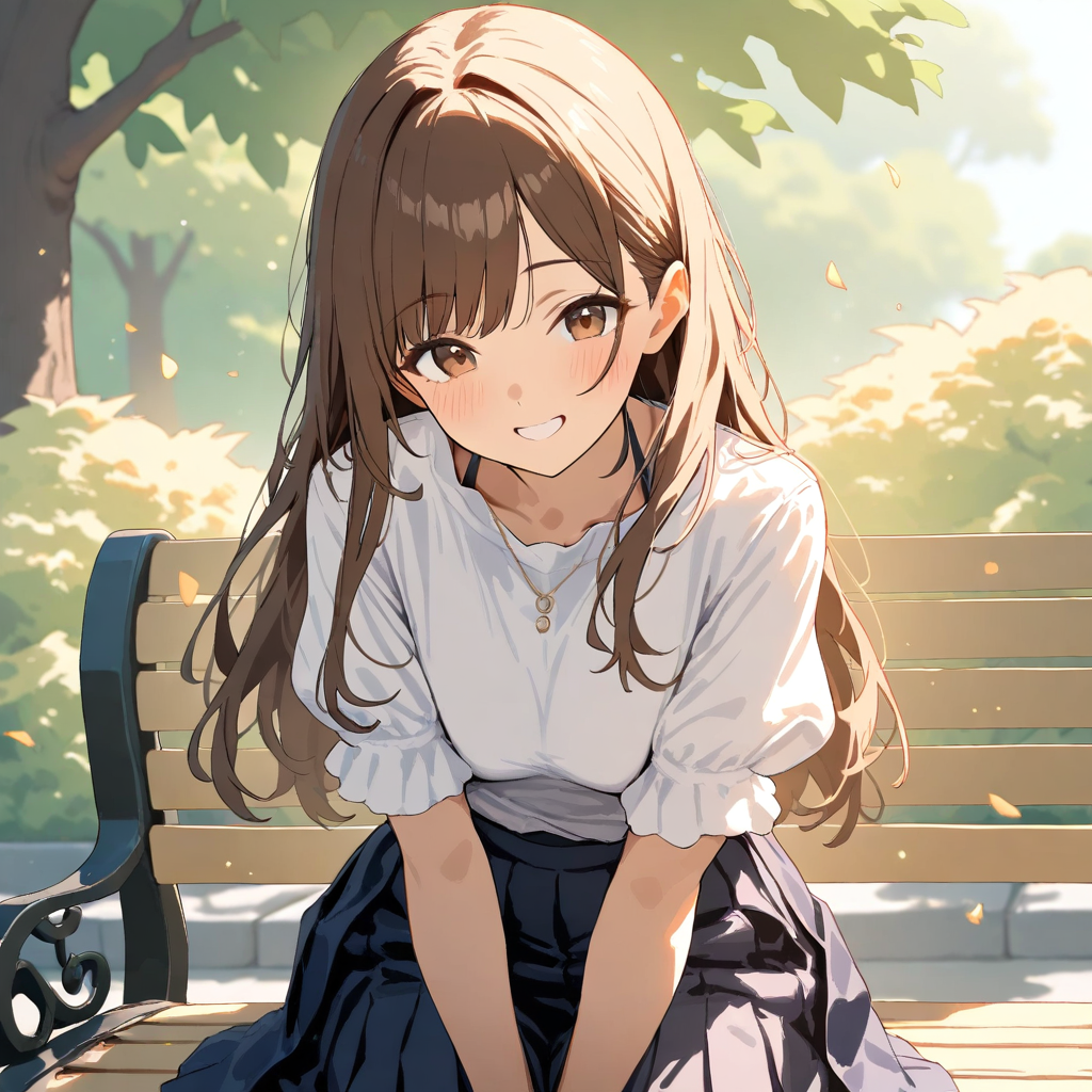 Anime girl sitting on park bench wearing white blouse and pleated skirt in sunlight