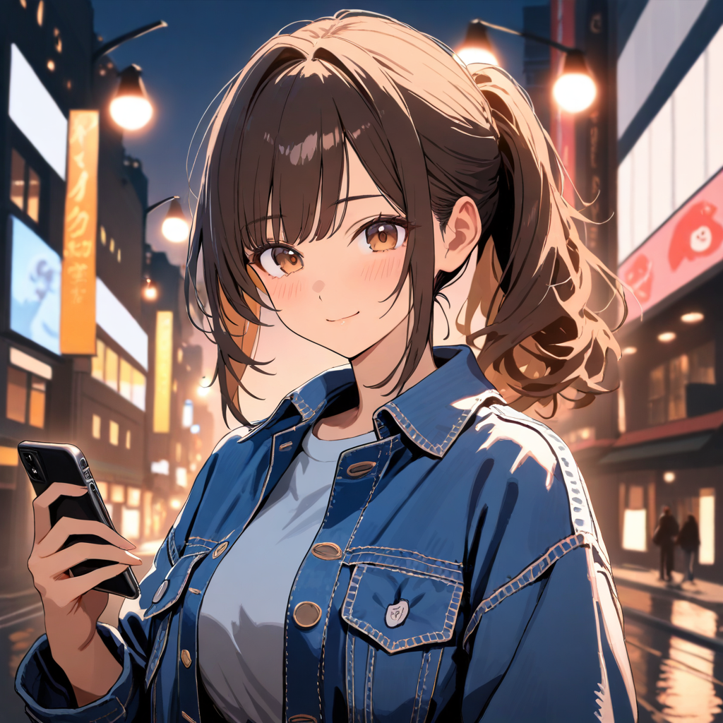 Anime girl with ponytail denim jacket in city street Anime girl with brown hair in ponytail wearing denim jacket on city street during evening light