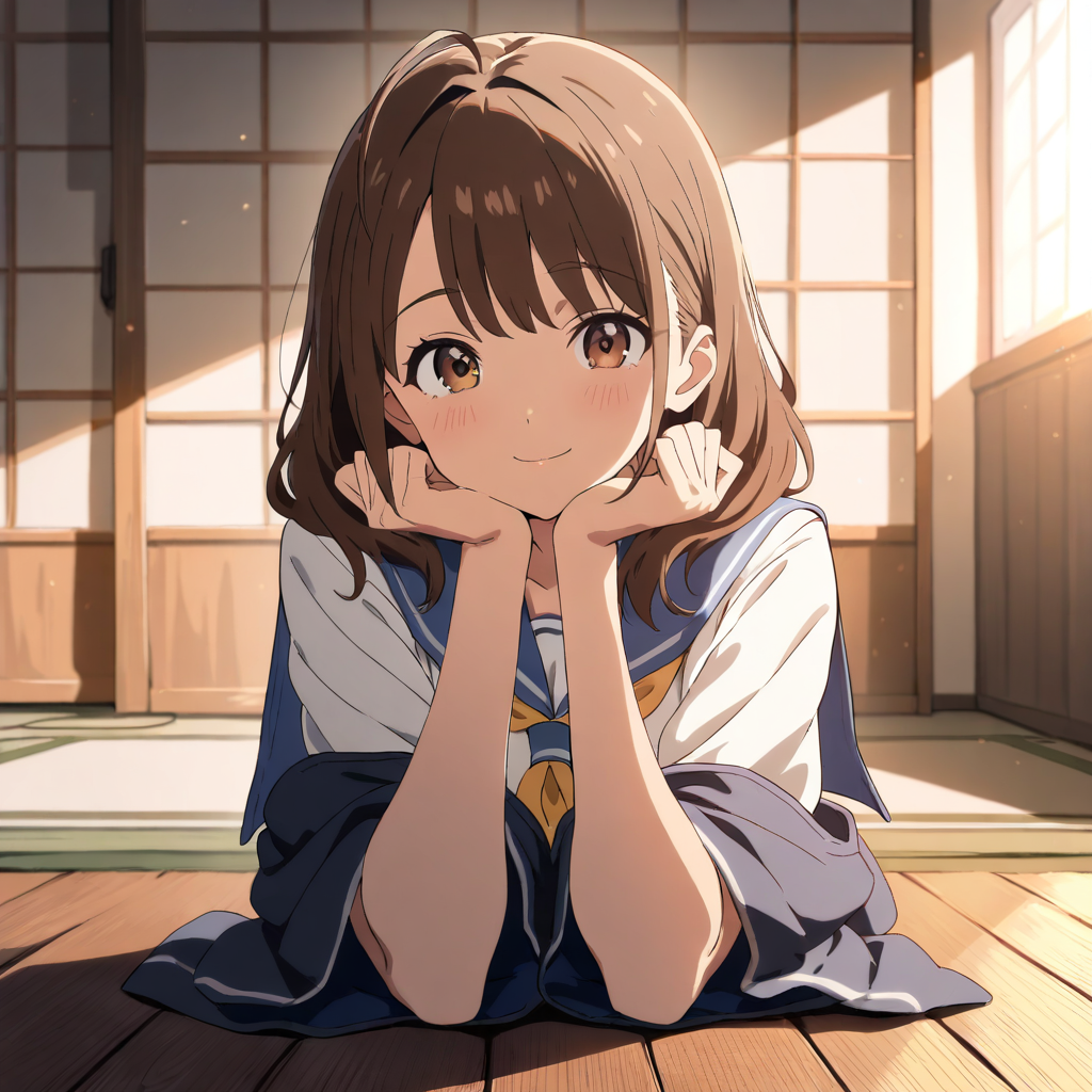 Cute anime girl smiling - brown hair and brown eyes Cute anime girl with brown hair and brown eyes smiling in detailed background