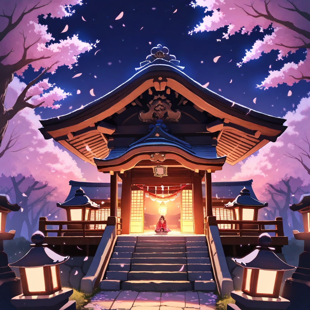 Anime-style serene Japanese shrine with glowing stone lanterns and cherry blossoms at night