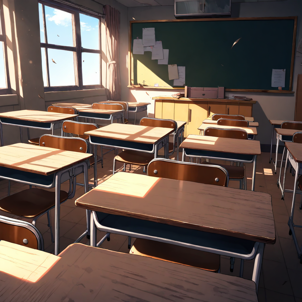 AI Art of abandoned classroom with sunlight filtering through dusty windows