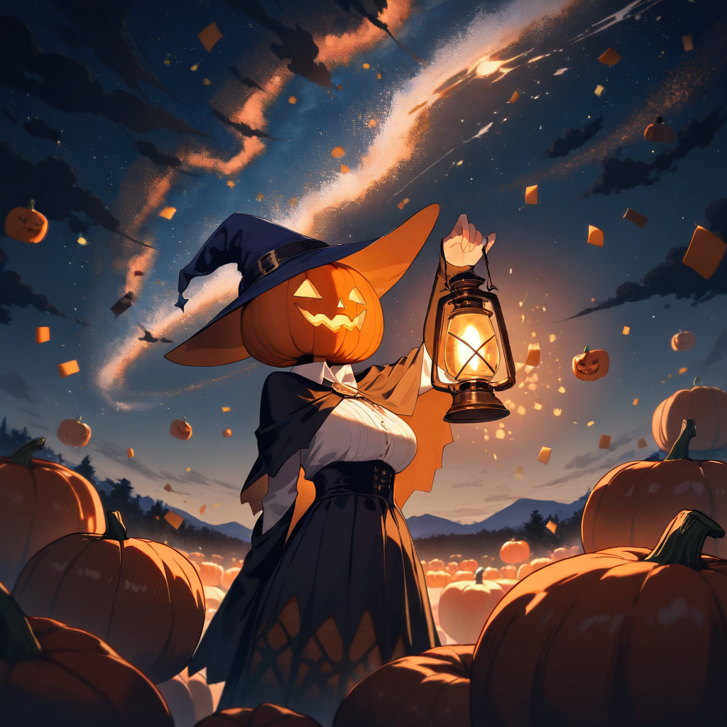 Pumpkin-head witch in spooky field with lantern – Halloween anime art