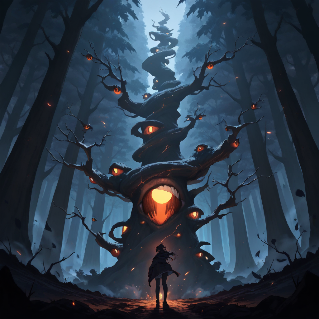 Spooky forest with glowing eyes and fog – anime Halloween landscape
