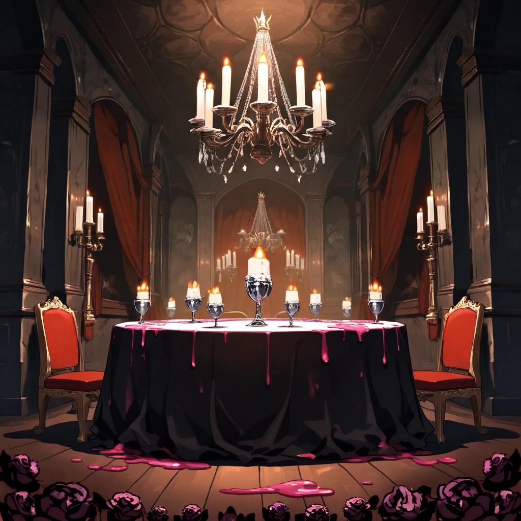 Vampire castle dining room with candles – dark anime setting