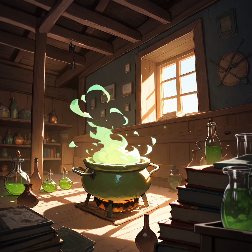 Witch cabin interior with bubbling cauldron – Halloween anime art