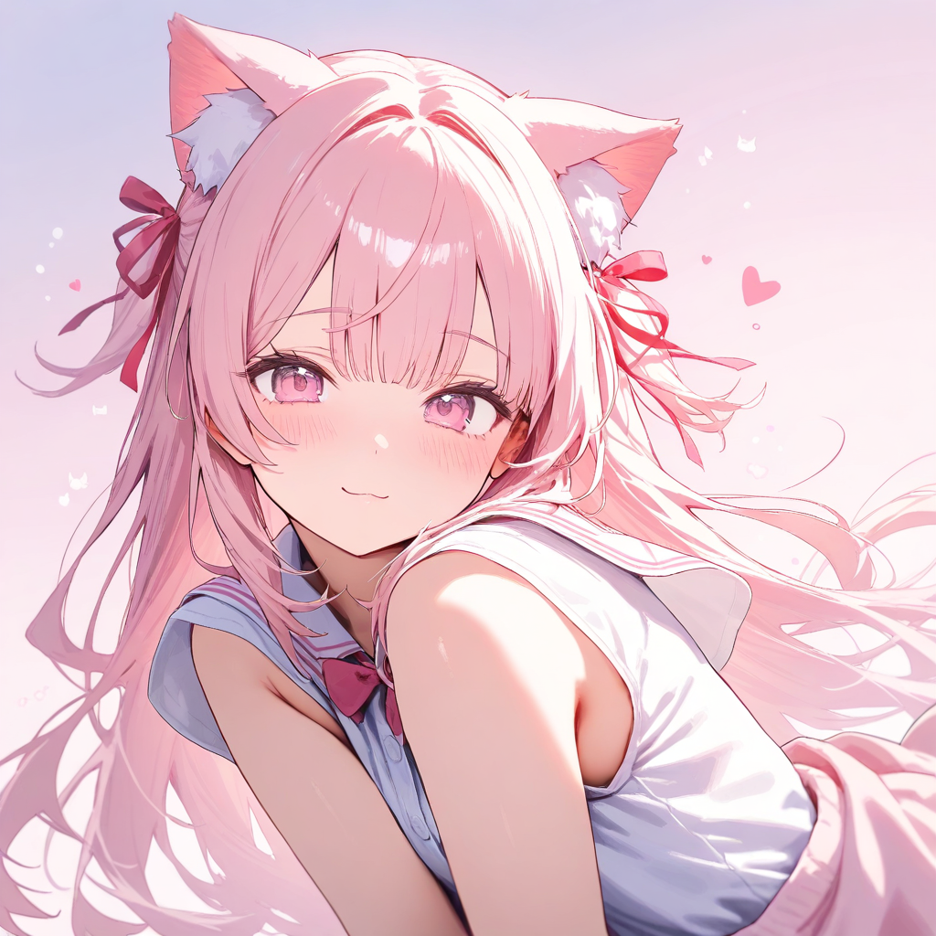 Cat girl cutie kawaii anime with cute pose, ribbon and pastel background