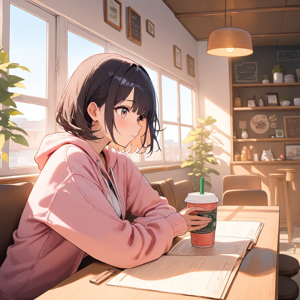 Modern cute casual kawaii anime girl in pink sweater at cafe with cozy atmosphere