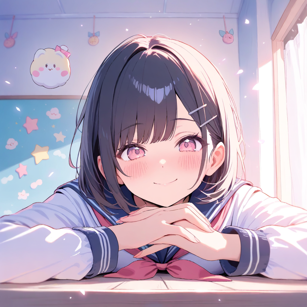 Classic kawaii anime girl in school uniform with cute smile, pastel colors, and soft lighting